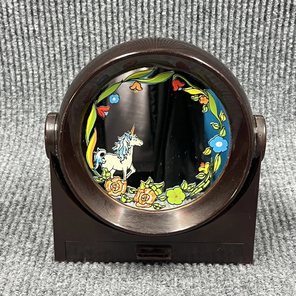 VTG 70's Yaps Brown Lucite Mirror‎ Unicorn Floral Music Box Small Drawer RARE